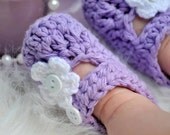 Crochet knit lavender purple baby girl mary janes 100 % cotton shoes slippers booties shower gift white sparkly flower