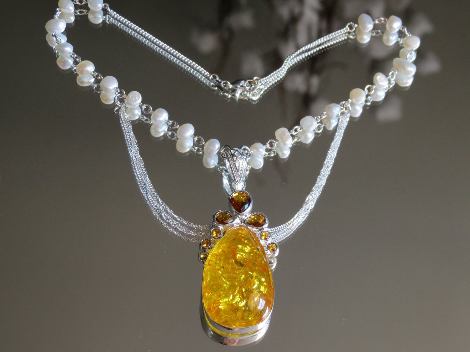 Silver Amber Pearl Necklace Victorian, Fresh Water Pearls, Hard, 18g, 925 Silver Snap jumprings, 925 Silver Chains, Genuine Gemstone