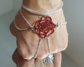 Red Rose "Slave Bracelet Ring". Made with Silver plated and 925 Silver Sparkling Wave Chain. Adjustable. 6-8" wrists. Belly Dancer Jewelry