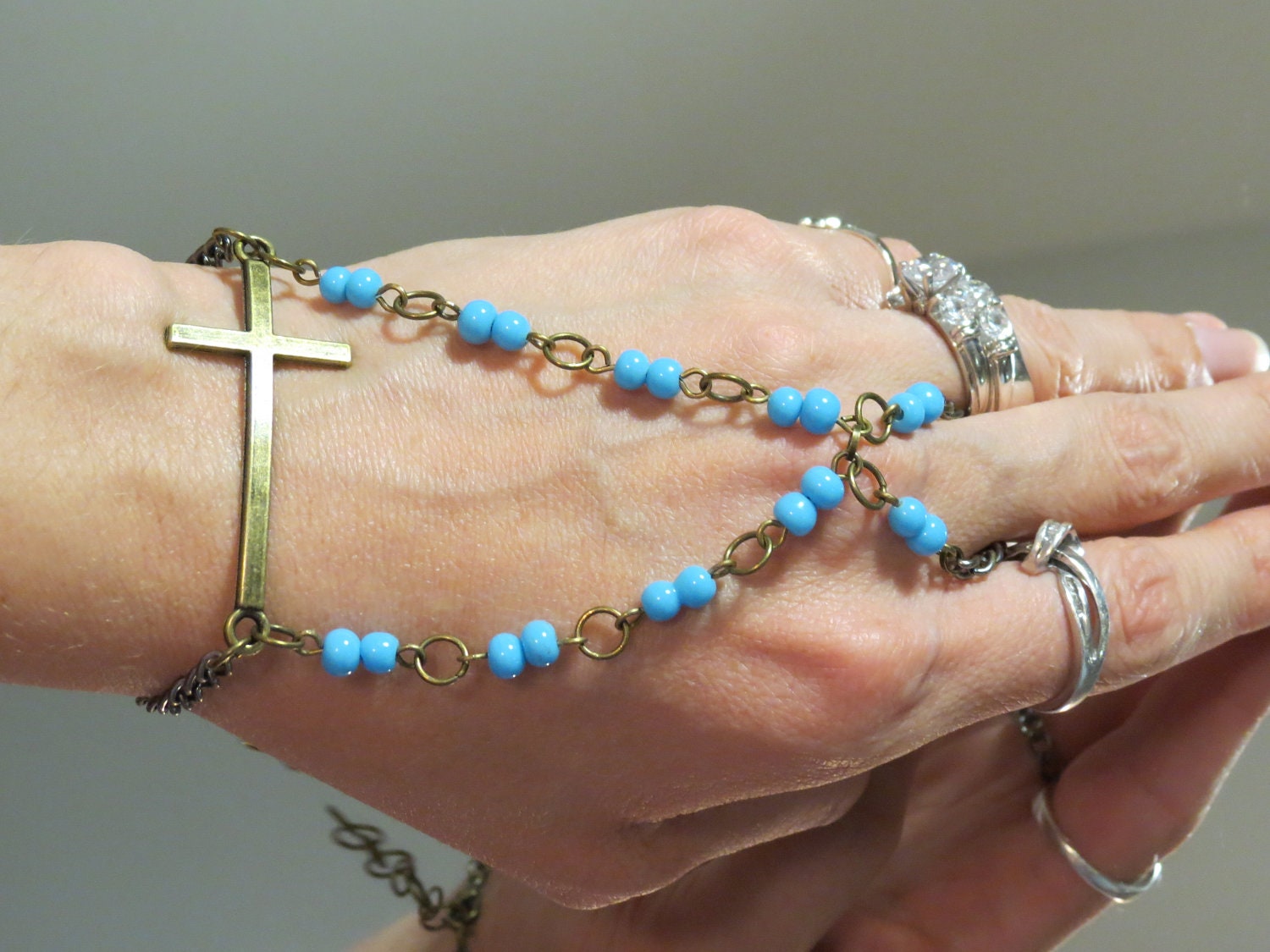 Beaded Cross Bracelet Ring, Slave Bracelet, Religious, Christian, Catholic Bracelet, baby blue, Blue Sky, Custom Sized, Cross
