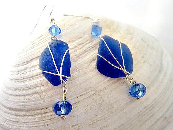 Blue Sea glass earrings, royal blue wire wrapped and beaded free shipping