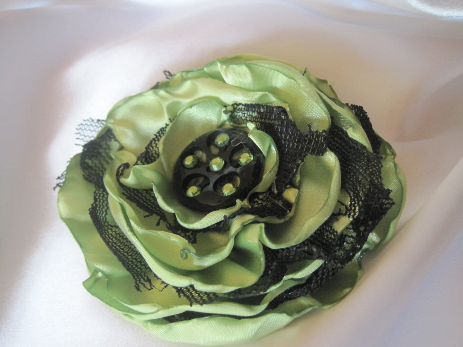 Sale.......Flower Pin Hair Clip in LIght Green Satin with Black Lace Accented with a Black Button and Swarovski Crystals - theraggedyrose