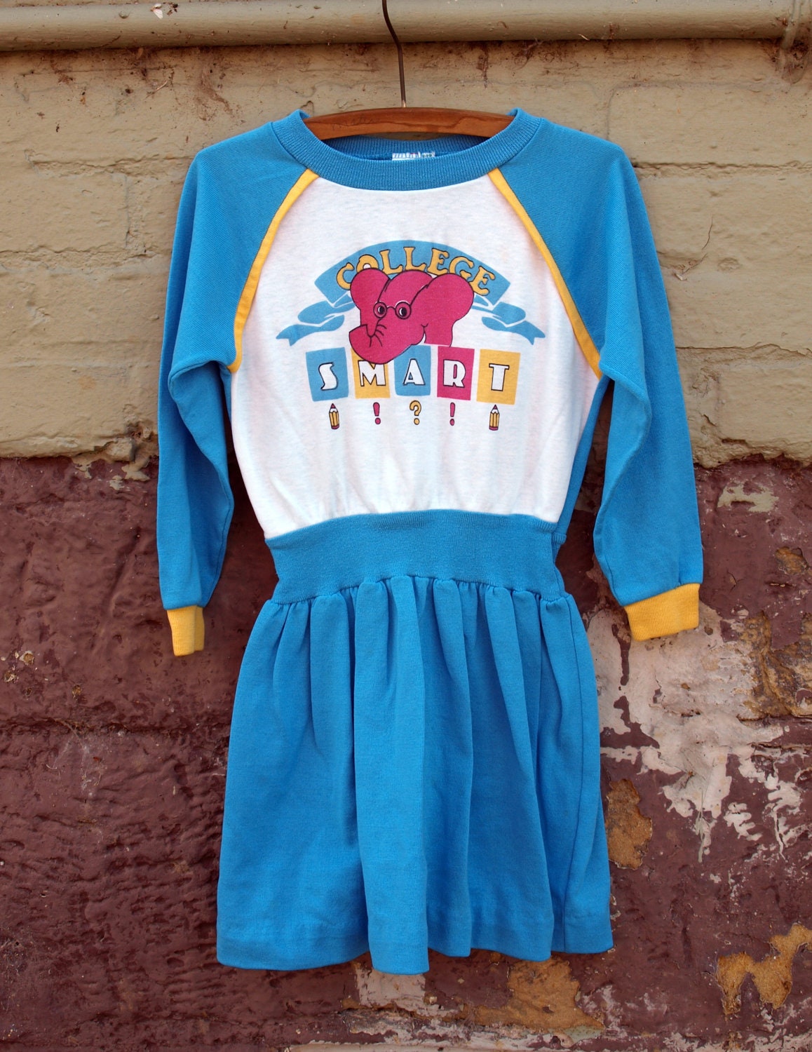 vintage long sleeved blue white and yellow health-tex dress with college smart elephant