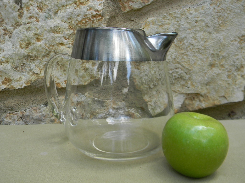 Vintage Mid Century Glass Serving Pitcher Wide Silver Rim Band Serving Barware
