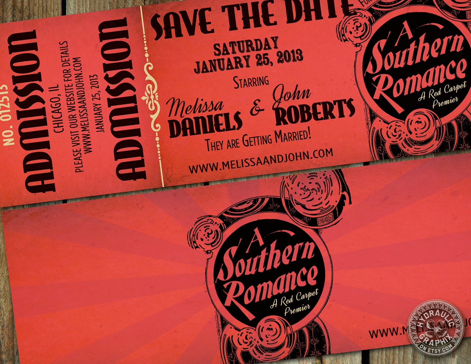 Movie theater ticket Save the Date Hollywood red carpet premier "A Southern Romance" with southern, vintage, steampunk elements for wedding Il_570xn