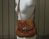 Reserved for Abby. Vintage Personalized Heavily Tooled Leather Satchel Bag Purse Butterflies Roses ABBY