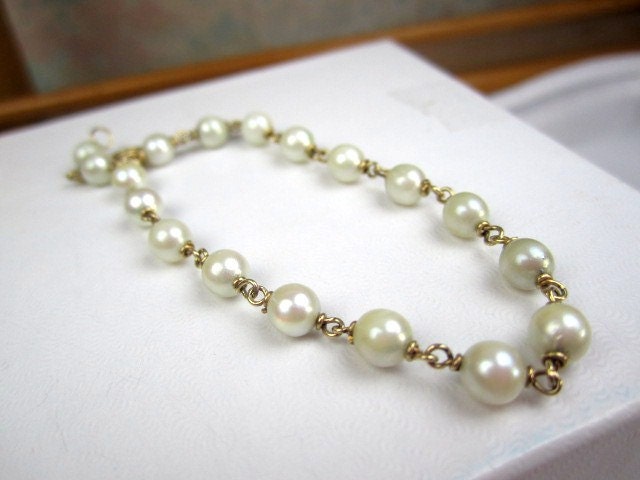14K Gold Cultured Pearl Bracelet 1950s Vintage Jewelry Gift