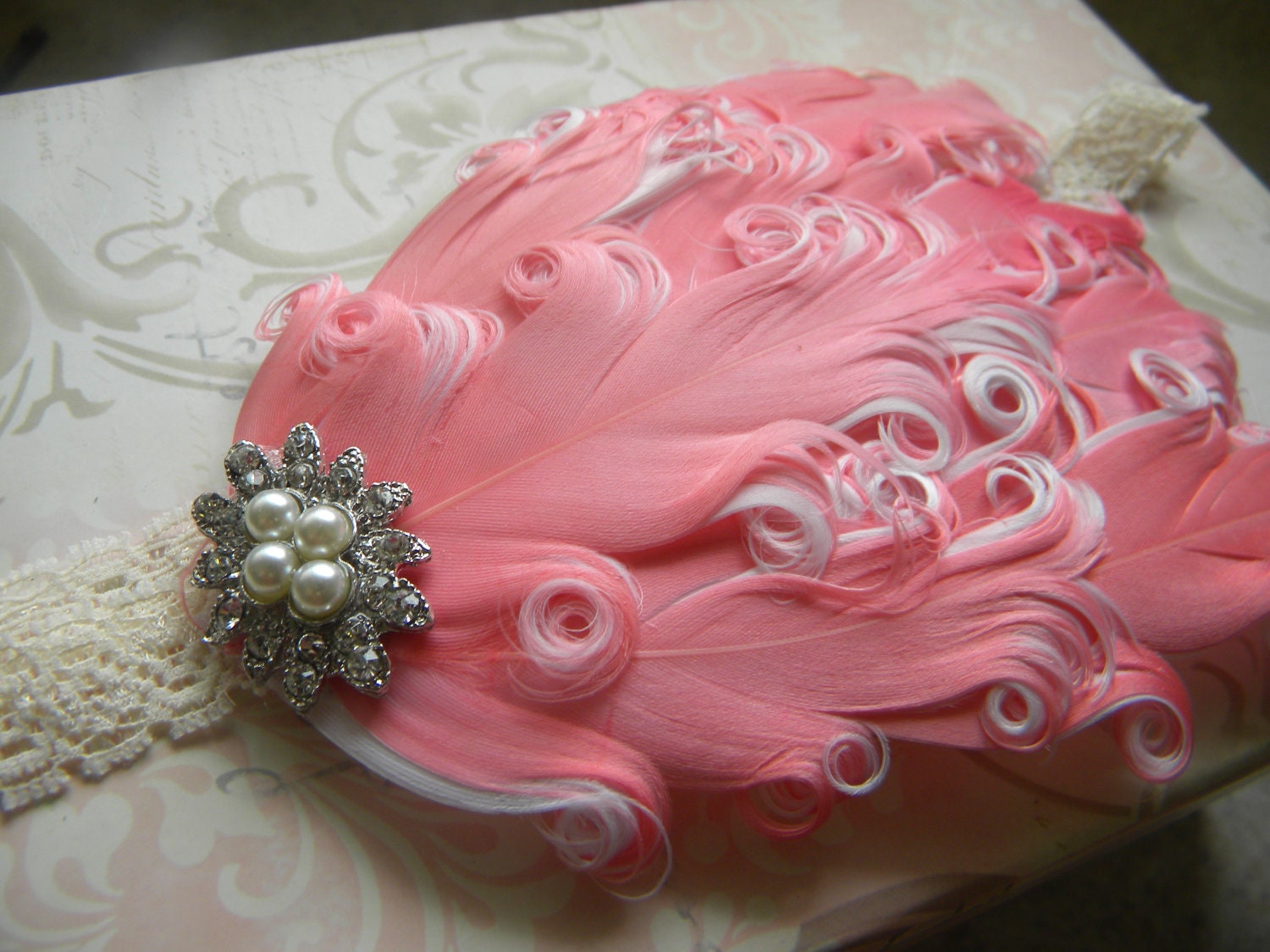 Glam Vintage Inspired Beautiful  Coral Pink  Feather Headband for Newborn, Toddlers, Girls, PHOTOGRAPHY PROP