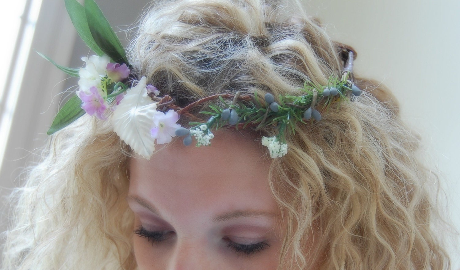 Bridal Headpiece Woodland Lavender Fairy SALE Whimsical Bridesmaid Flower Girl Wedding Headband Women Shabby Chic Vintage Floral Accessory