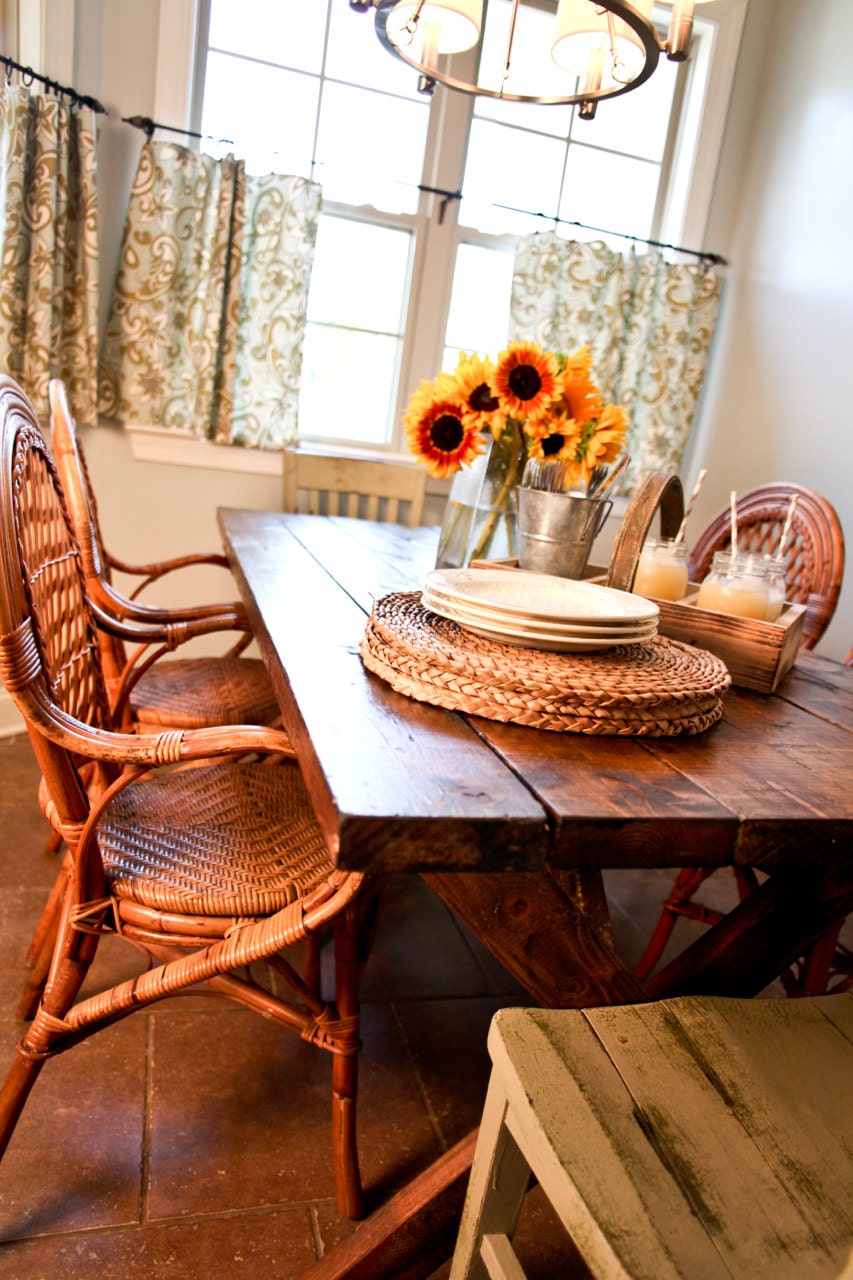 Stained Wood Pine Farm Table Custom Made Handmade 8 Foot with set of two 7 Foot Benches