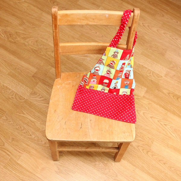 Kids Apron 1-2 years - Kitchen - Sock Monkeys - Montessori - Yellow Blue Red White Polka Dots - Toddlers Baking Cooking - Ready to Ship