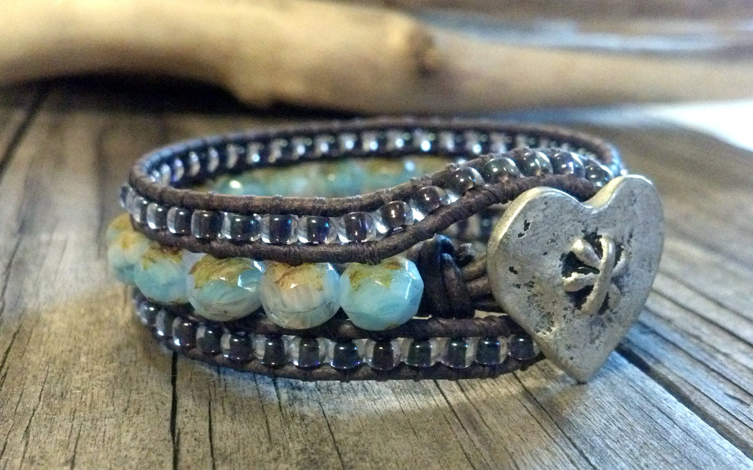 Crystal Hearts, Pastel Rondelles, Leather Cuff Bracelet, Shabby Chic