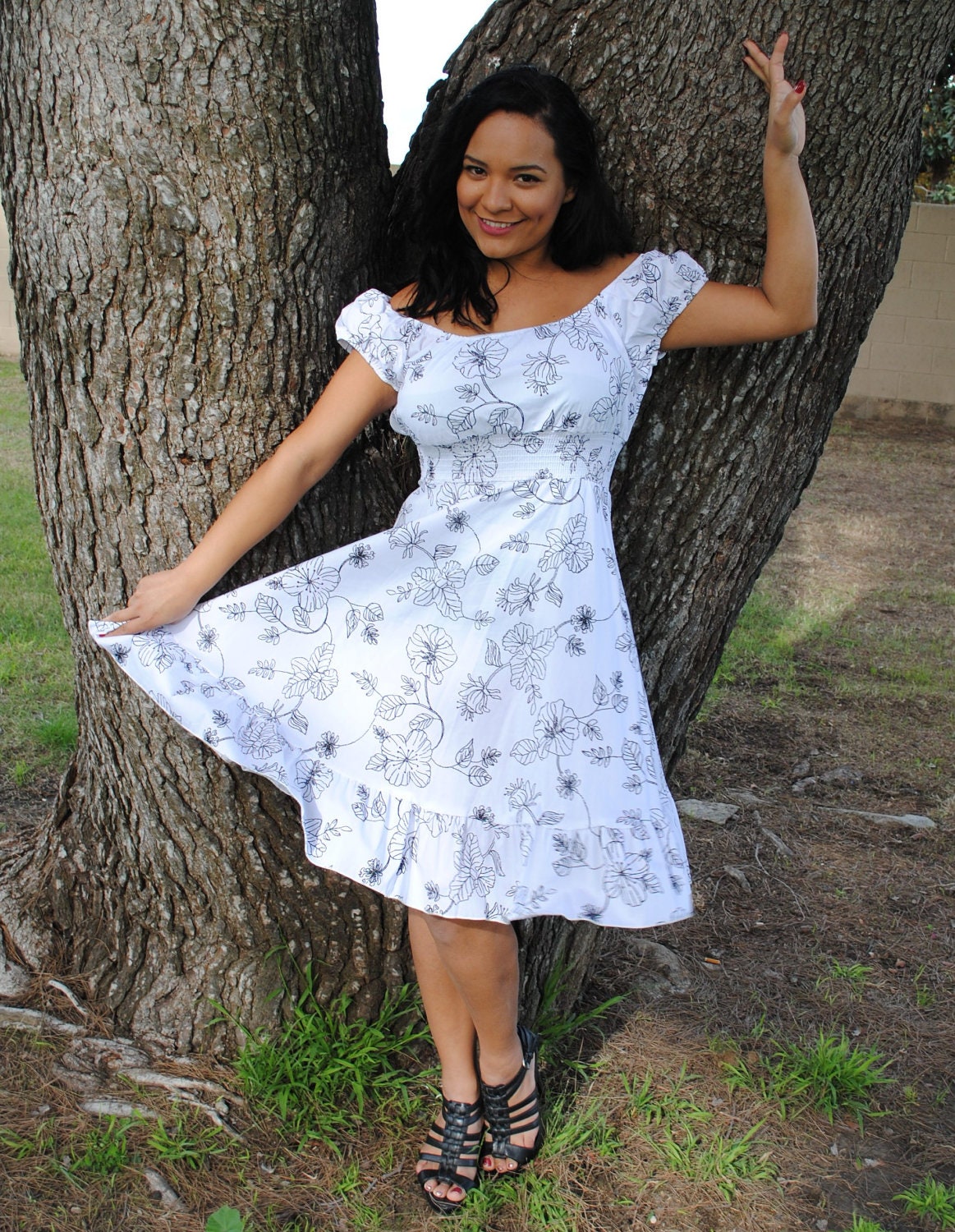 Womens Dress, White with Black Floral Design, Rockabilly, Pin Up  & Retro style