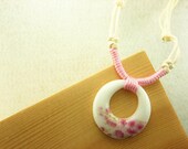 Ceramic pendant necklace jewelry Broken china enamel choker necklace Pink flower porcelain necklace  Adjustable white leather strings