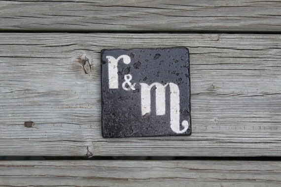 oil rubbed bronze stone coasters custom monogram initial wedding coasters favor rustic wedding gift groomsman gift
