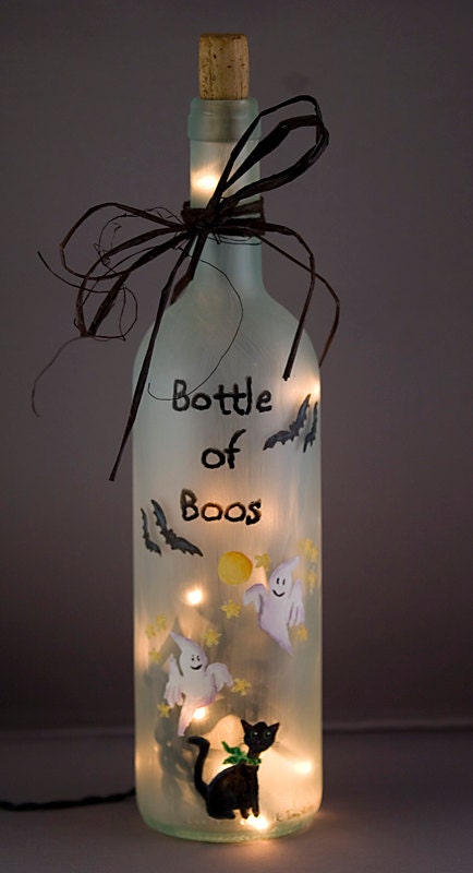 Halloween Bats Lighted Wine Bottle Hand Painted Bottle of Boos Spooky Ghosts Black Cat Night Light Frosted Glass Accent Lamp