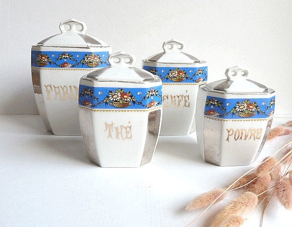 French antique set of 4 kitchen canisters.1920s.Kitchen containers.Blue. Box .Kitchen storage.French canisters.Cottage.Eveteam - CabArtVintage
