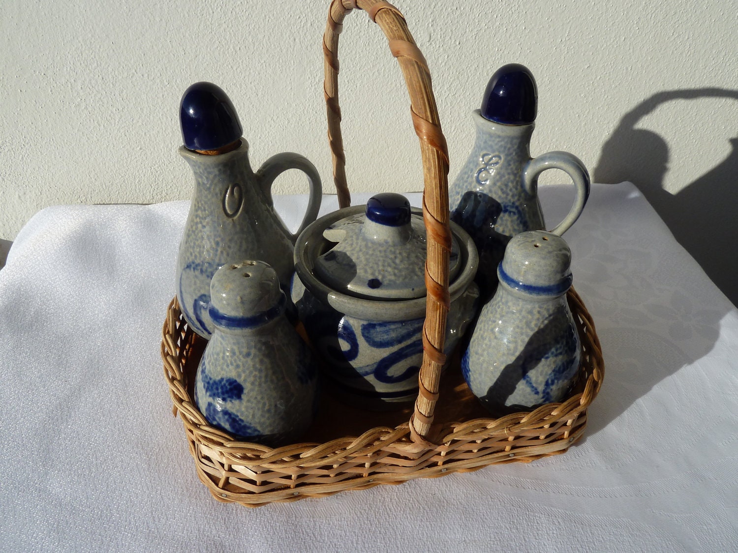 Vintage ceramic set  salt, peper ,olio  , senape with basket