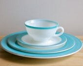 Turquoise Pyrex Dishes - Vintage 1950s Milkglass Plate, Saucer, Teacup Dinnerware Place Setting