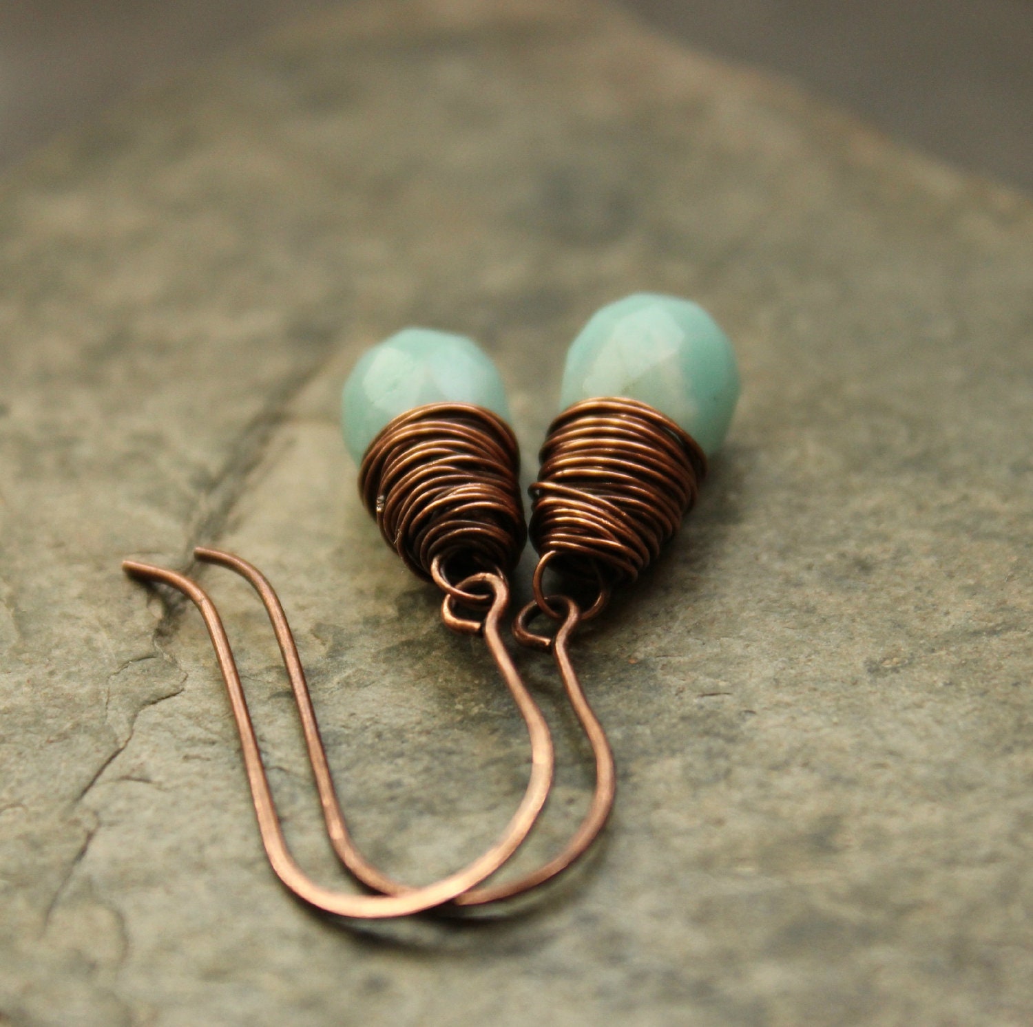 Amazonite copper wire wrap earrings sky blue oxidized antiqued--"Earth and Sky"