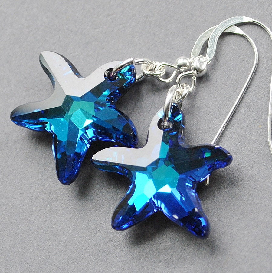 Blue Starfish Earrings, Swarovski Crystal Starfish Earrings,Ocean Blue Teal Green Drop Earrings, Sterling Silver Dangle Earrings - MyDistinctDesigns