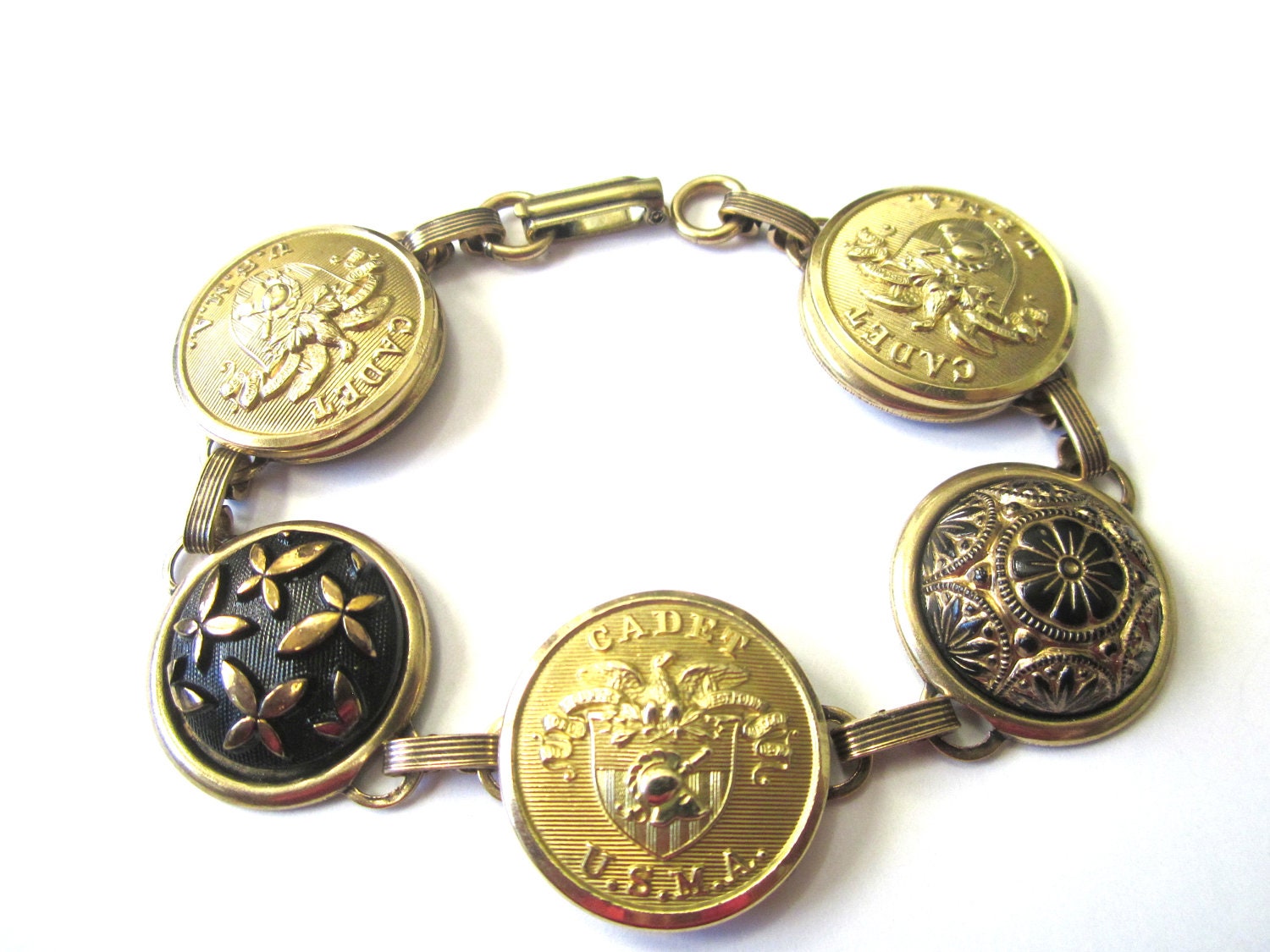 Antique WEST POINT cadet button bracelet, black & gold glass, USMA cadet buttons, one of a kind