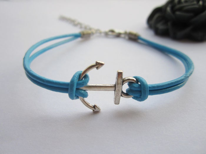 Symbol Bracelet---antique silver little anchor&light blue leather chain