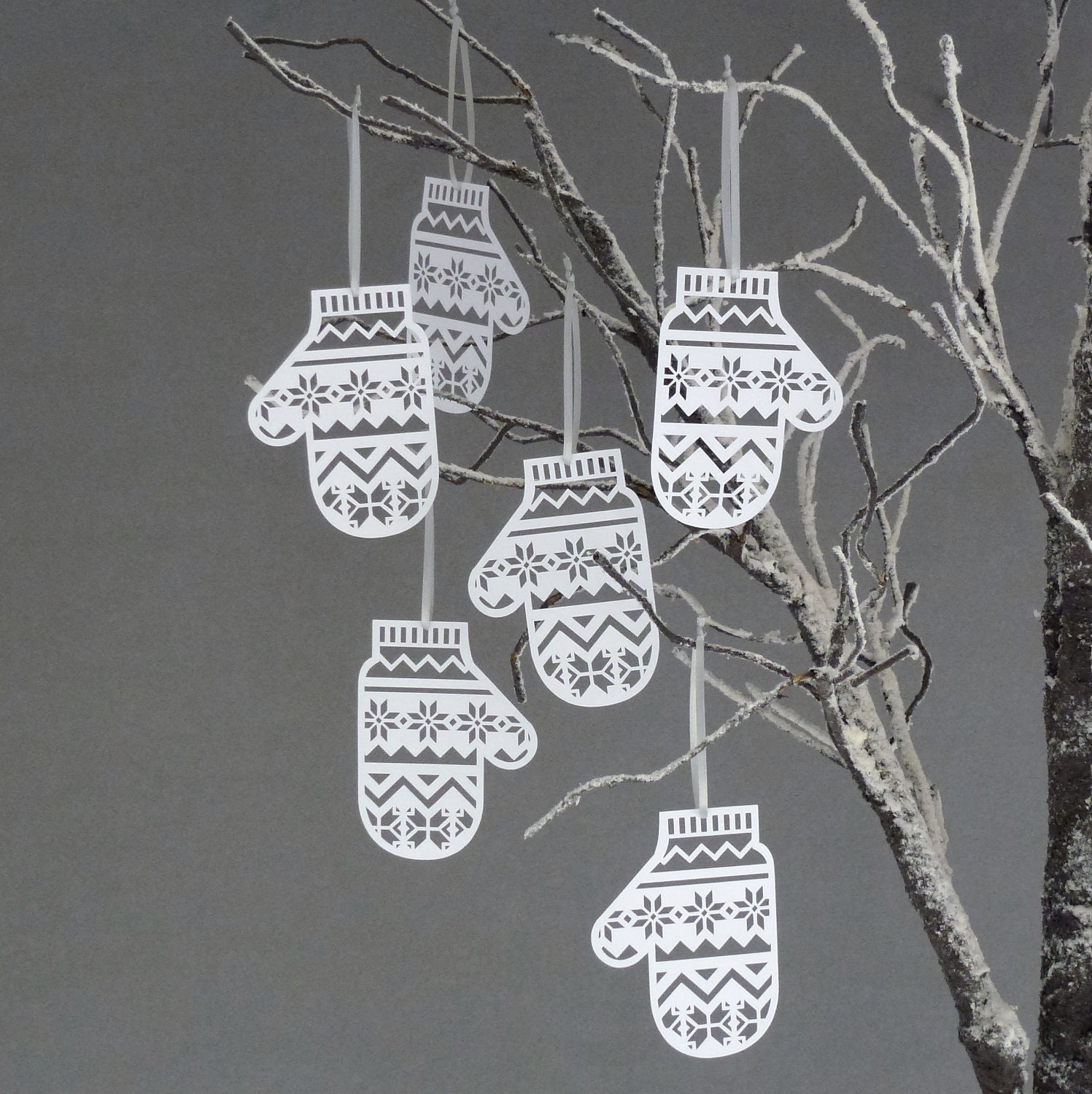 Set of Six Papercut Mitten Decorations