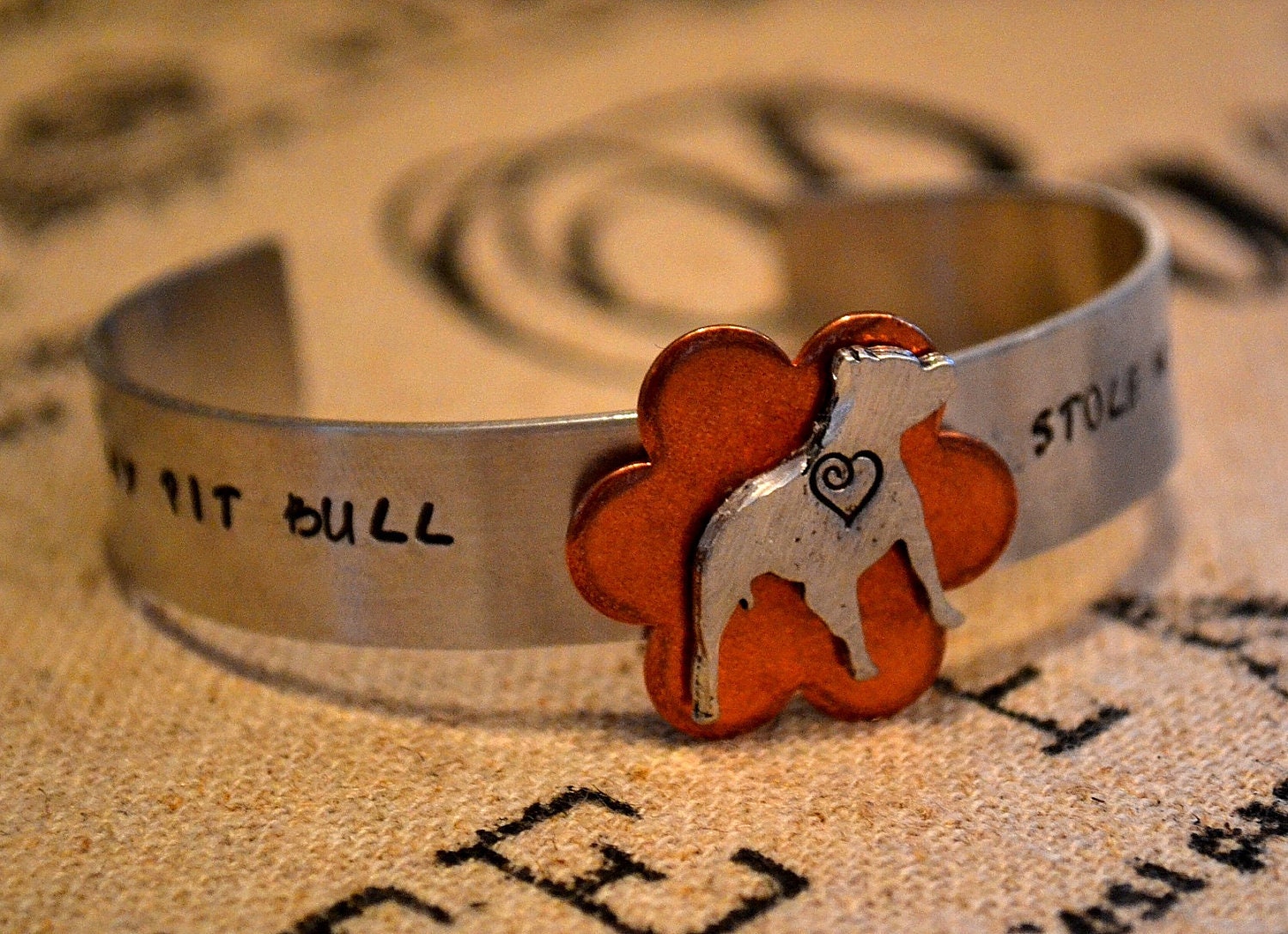 My Pit Bull Stole My Heart Handstamped Aluminum Cuff
