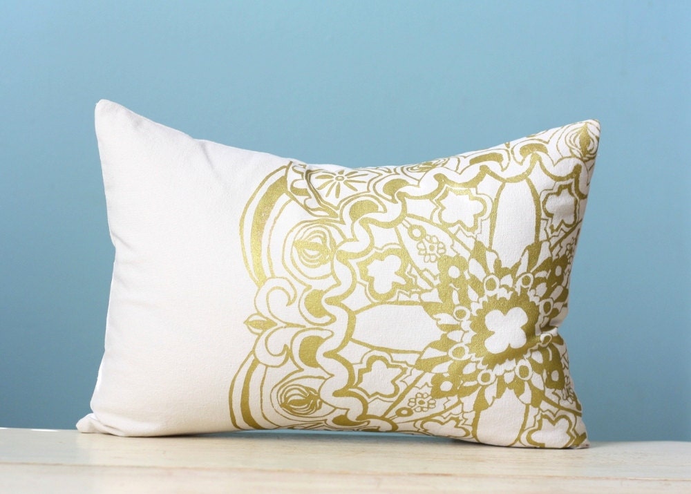 Gold Moroccan Linen Pillow Cover Decorative Cushion Throw Lumbar 12x16 Screen Print Hand-Printed Modern Global Gift Hostess