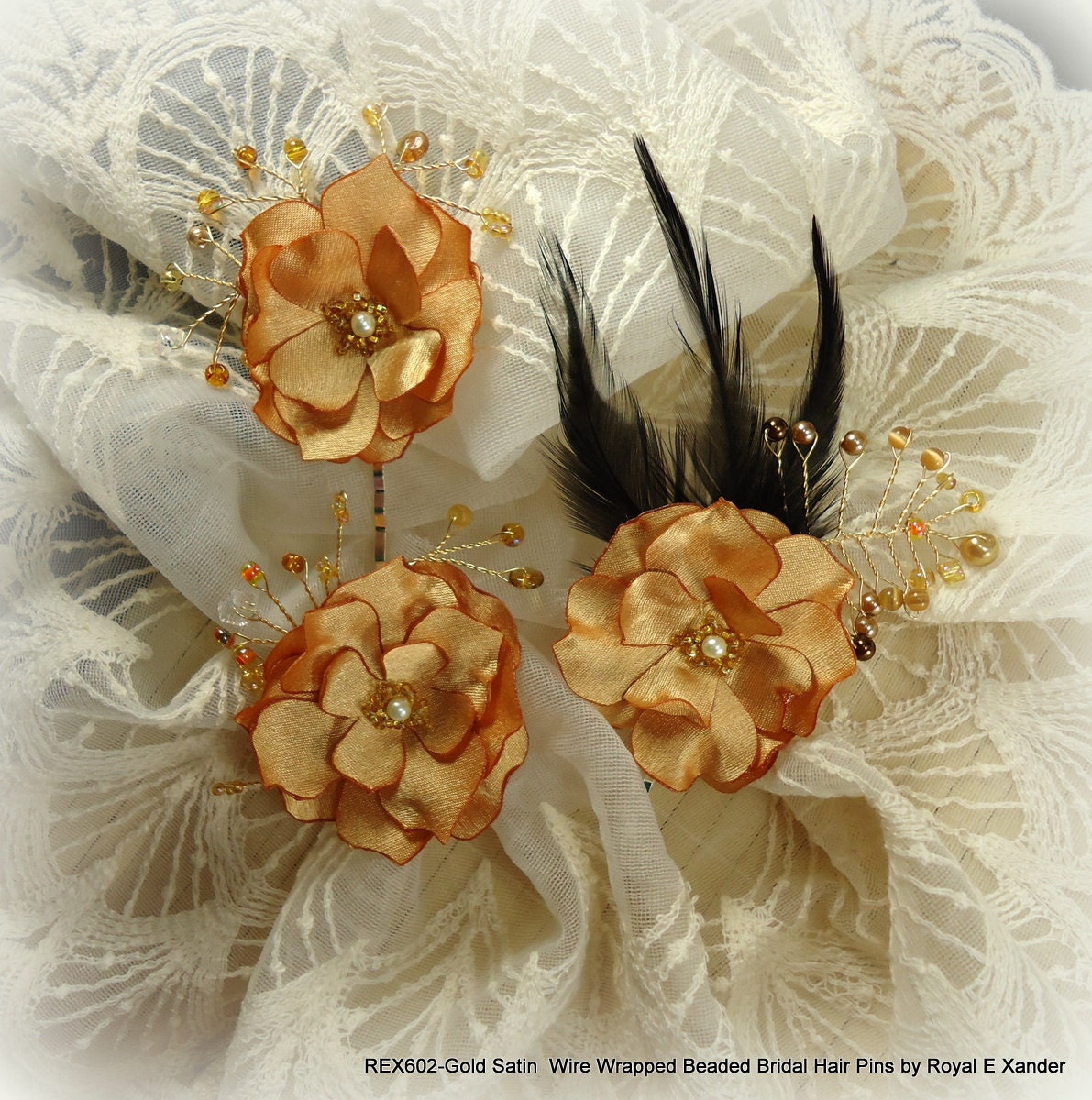 Gold Satin Wire Wrapped Beaded Bridal Hair Pin...Set of 3....Wedding Hair Accessory....Bridal Hair piece...Bridesmaid Hair Pins