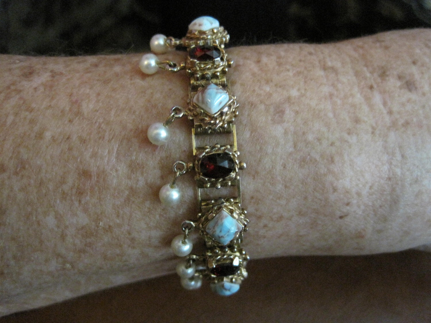 Garnet Turquoise Pearl Rhinestone Vintage Bracelet