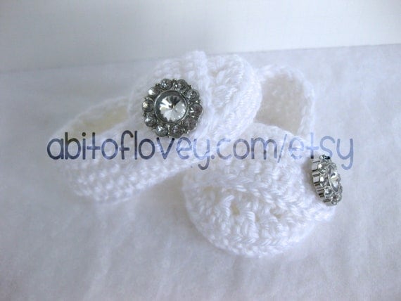 Baby Girl Infant Shoes / Slippers / Booties - White & Jewel - YOUR choice size - (newborn - 12 months) - photo prop - crochet