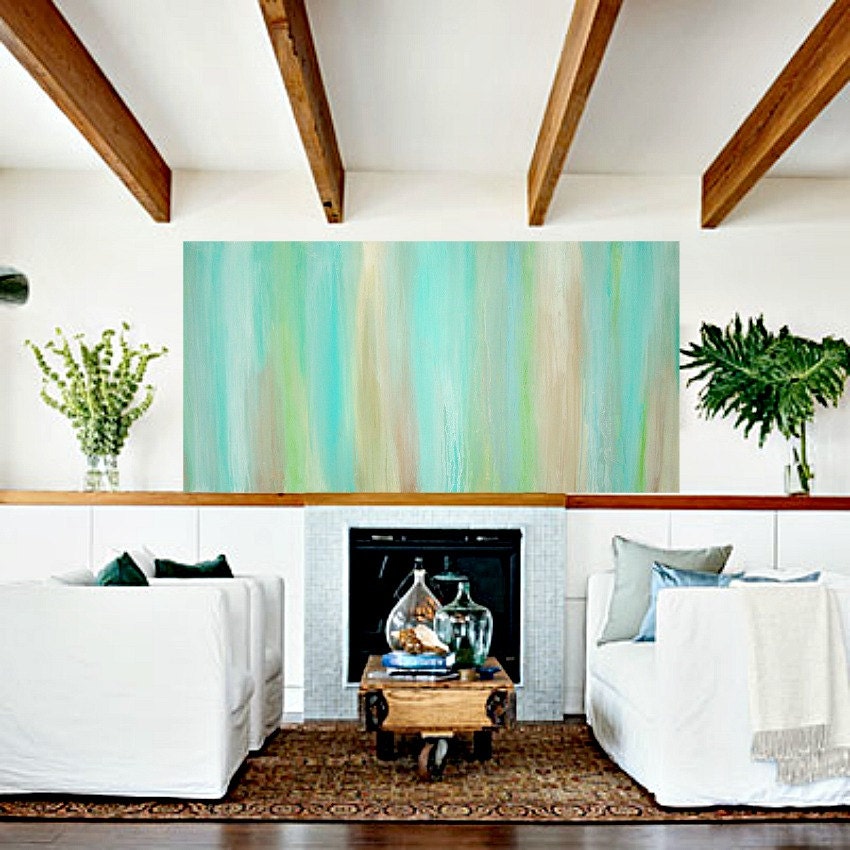 RESERVED for a Client. Aqua Original Abstract Acrylic Painting Fine art on Gallery Canvas Titled: JUST A WHISPER 24x48x1.5" by Ora Birenbaum