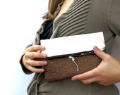 30% SALE Leather Clutch, Fold Over Clutch, Burgundy and White Cosmetic Pouch, Make up Bag, Zipper Handbag