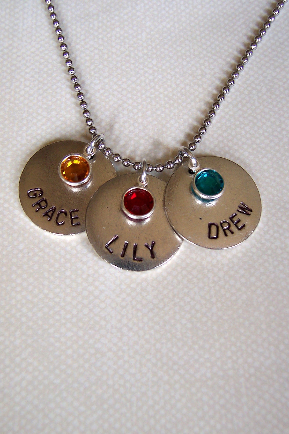 Personalized mothers grandmothers necklace hand stamped metal with names and birthstones 3 circle tags antiqued