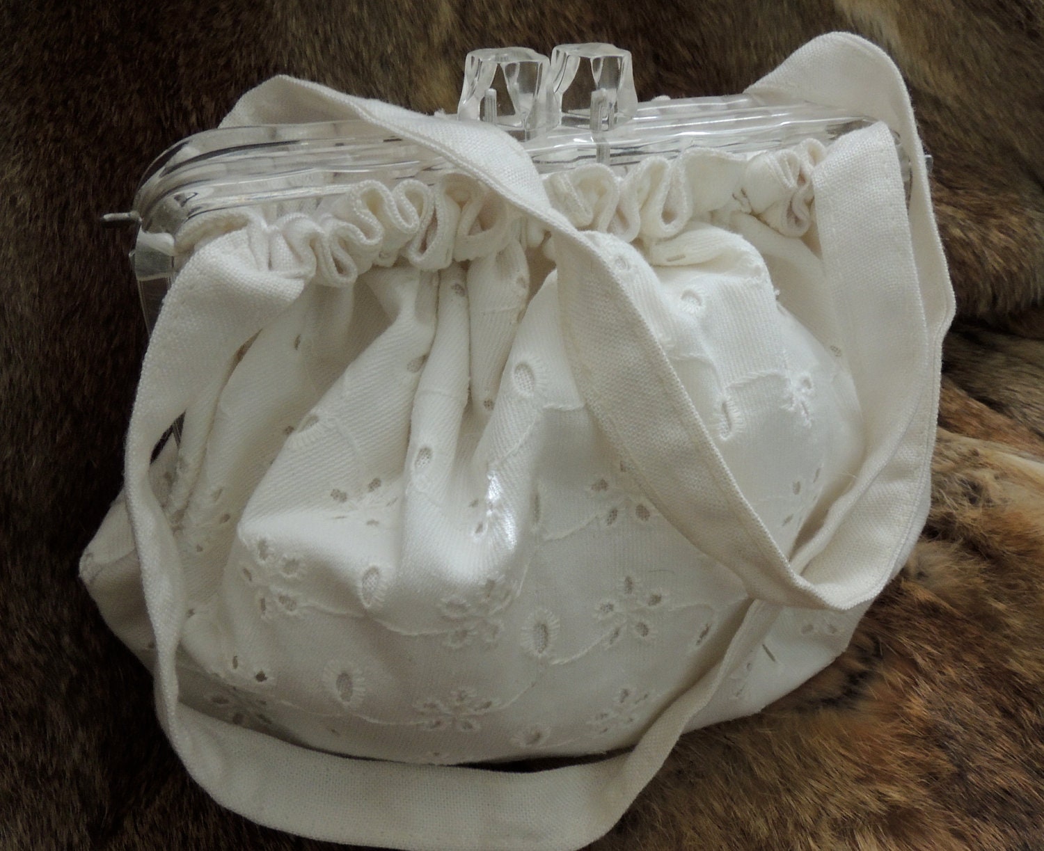 Vintage Lucite Handbag/1950s White Cotton Eyelet Purse/ Clear Lucite Frame/ Simple and Pretty