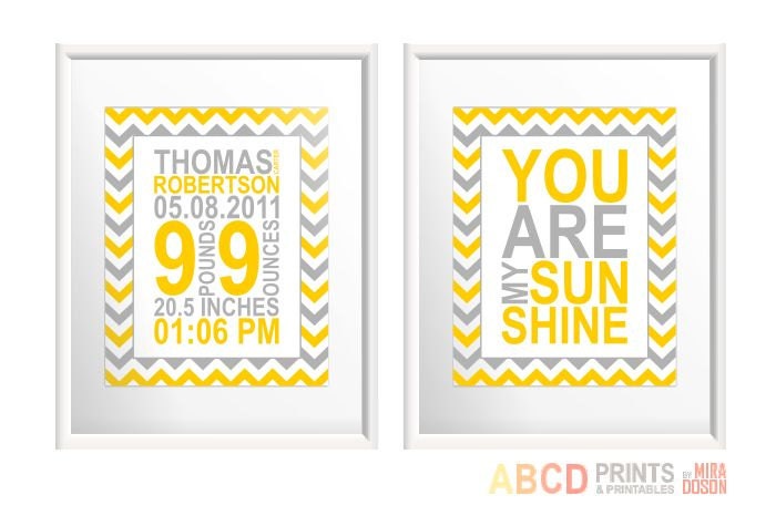 Birth Print for boys, You are my sunshine, Chevron, Custom Birth Stats, Nursery Art, Baby Name Print for Boys 8x10 Custom color