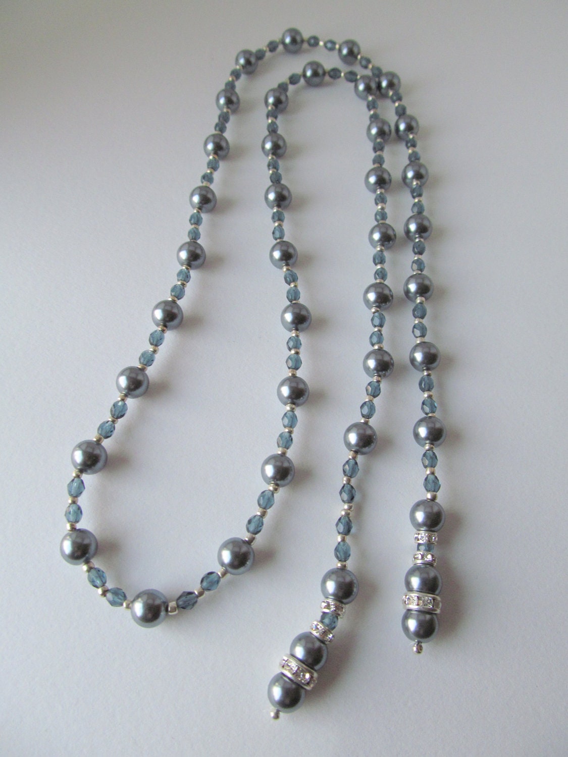 Lariat Necklace Featuring Pearls, Swarovski Sapphire Crystals and Sterling Silver