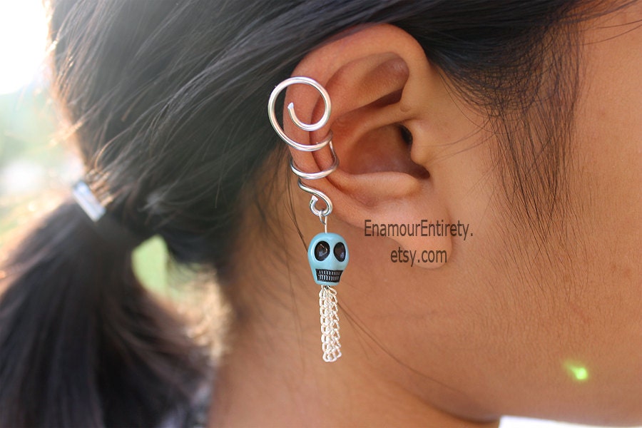 Silver (or Gold) Turquoise Skull Ear Cuff