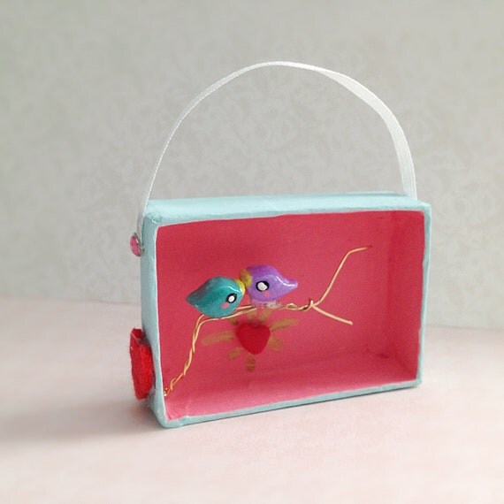 Two Love Birds on a Tree Branch. Assemblage Art Box 3-D Miniature Diorama. Hand Painted Birds. Landscape. Wire Branch. Heart. Whimsical.