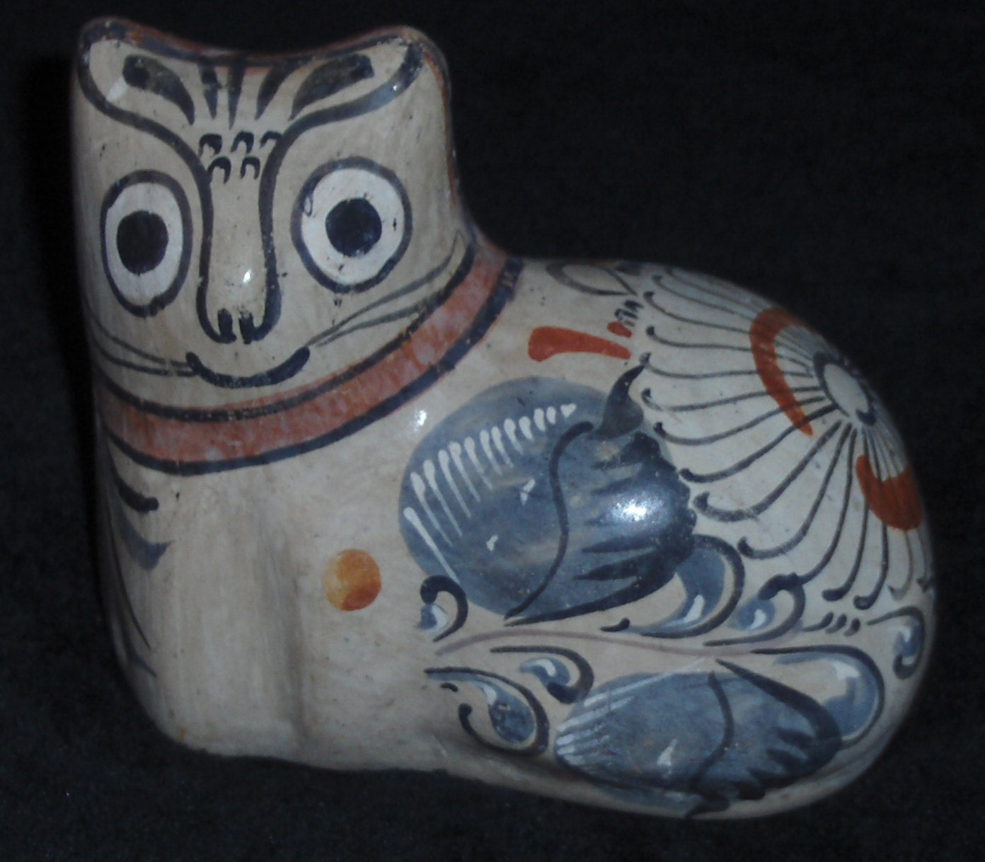 Vtg Primitive Folk Art Mexican Cat Figurine Clay Art Pottery Painted Kitten Mexico Floral Sandstone Colors
