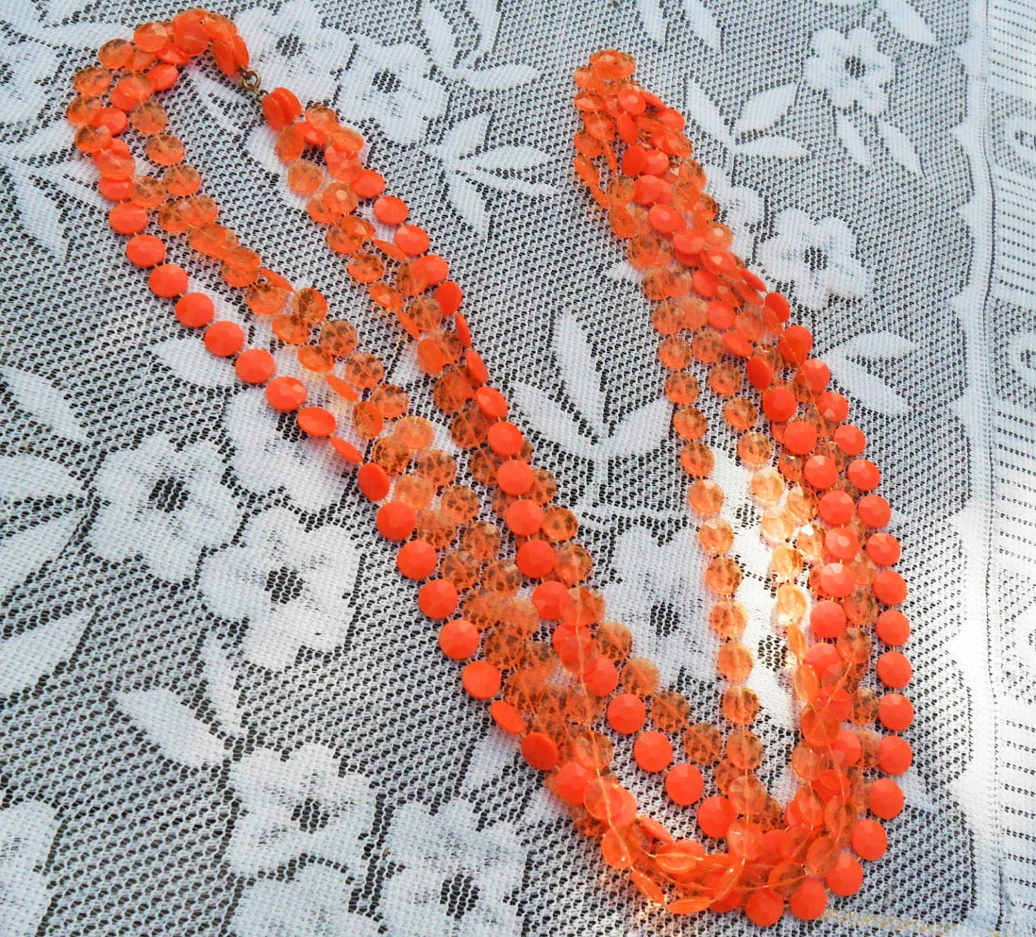 Vintage 60s Necklace Earring Set BRIGHT Neon Orange Beads