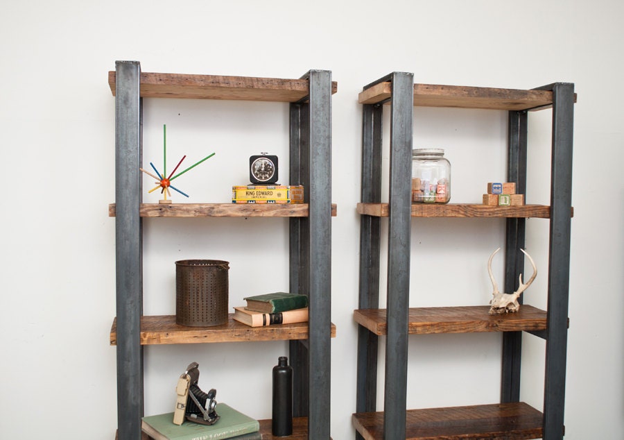 Bookshelves- Salvaged Wood Shelves with Steel Frame