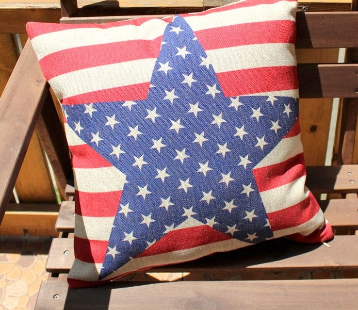 America USA Flag Red Strips Blue Stars Linen pillow cushion case cover  45cm x 45 cm