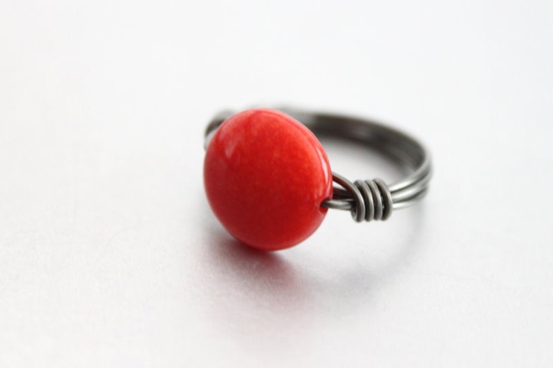 Orange Stone Ring - Wire Wrapped, Bold Round Stone, Statement, Dyed Jade, Dark Silver, Handmade Ring, Summer Color Trend, Under 15