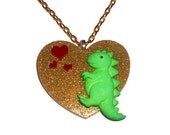 Kawaii T Rex Necklace, Gold Glitter Heart Green Dinosaur Necklace