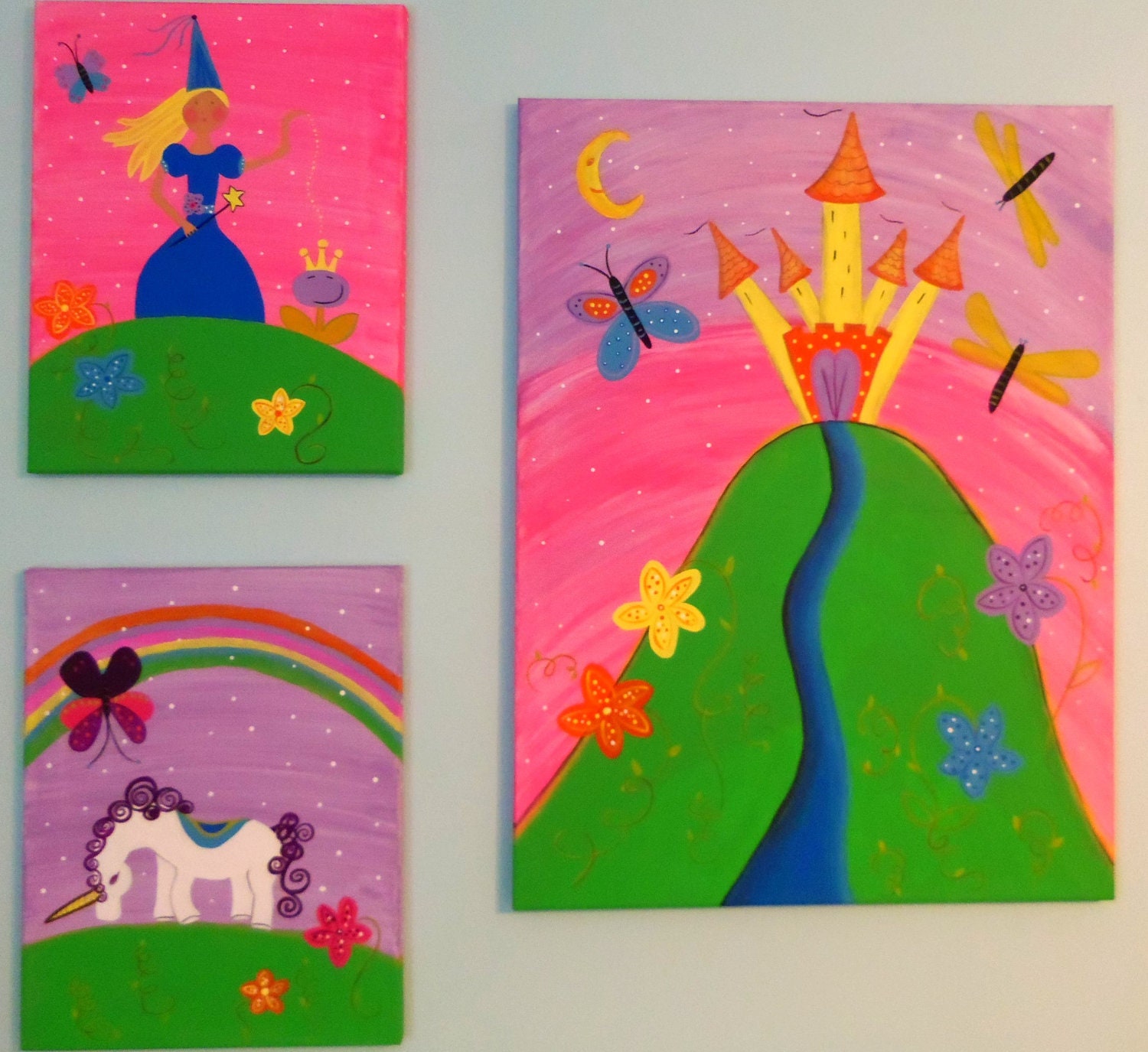 Unicorn Princess Castle wall art, girls room decor, "The Princess and her Castle " 1- 24x18 original canvas, 2- 11x14 original canvas art