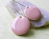 Dangle Drop Earrings - Light Rose Pink Epoxy Enamel Circle Discs - Sterling Silver Plated over Brass