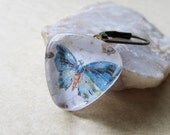 Dangle Drop Earrings - Triangle Glass Cabochon with White, Aqua Blue, and Orange Butterfly Paper Print - Antique Brass Lever Back Hooks